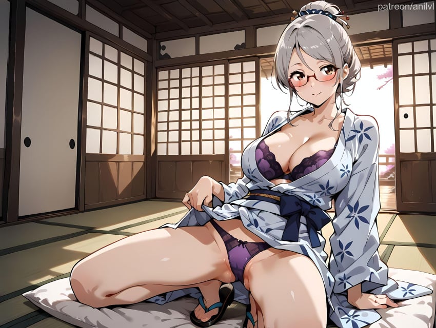 1girls ai_generated anilvl arm_support ayase_seiko bangs blue_kimono blush bow bra breasts brown_eyes cameltoe cleavage closed_mouth clothes_lift collarbone dandadan floral_print futon glasses grey_hair grey_kimono hair_bun hair_ornament indoors japanese_clothes kimono kimono_lift large_breasts lifted_by_self long_sleeves looking_at_viewer mature_female obi open_clothes open_kimono panties pillow print_kimono purple_bra purple_panties red-framed_eyewear sandals sash semi-rimless_eyewear shouji sidelocks single_hair_bun sliding_doors smile solo spread_legs squatting tatami thighs underwear white_kimono yukata zouri