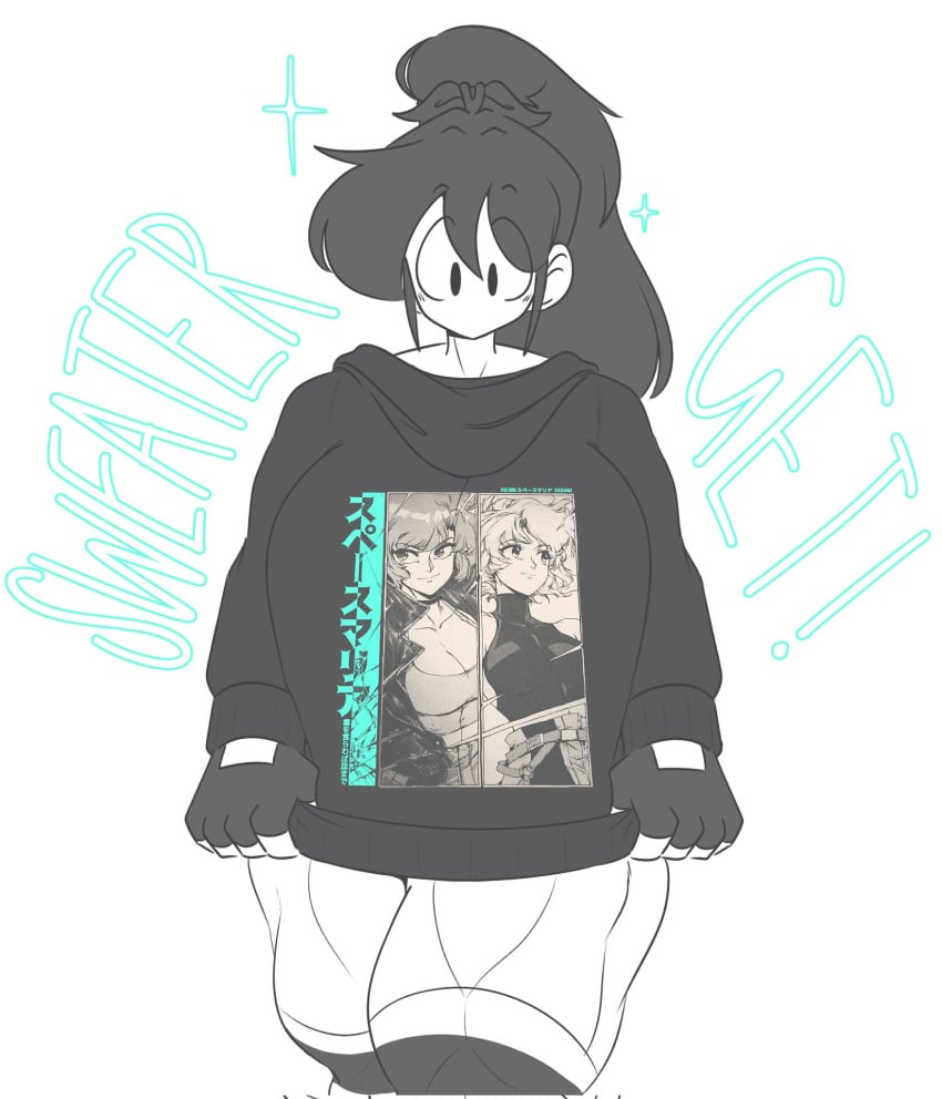 black_eyes black_hair breast_outline female female_focus female_only marie_(tag-a-long) mouthless mouthless_female muscular muscular_female muscular_thighs original original_art original_artwork sweater sweater_pull tag-a-long