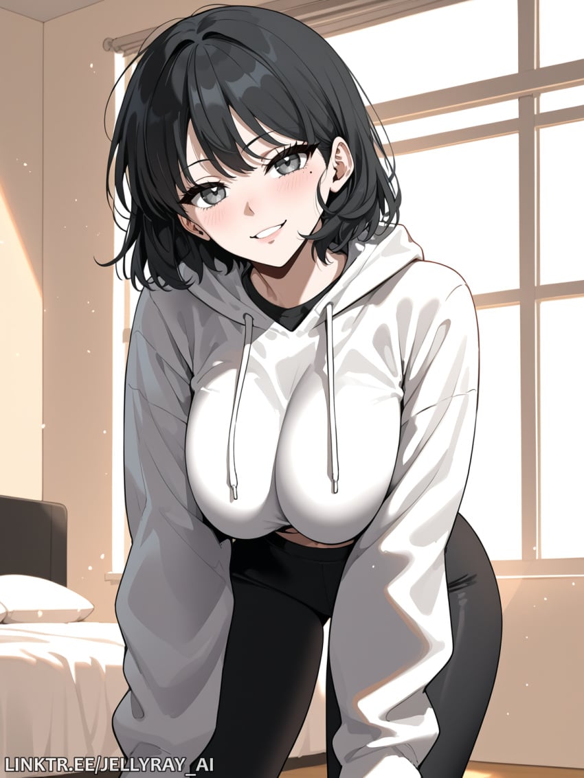 ai_generated all_fours bangs bed black_eyes black_hair black_pants blush breasts drawstring female grey_eyes grin han_sooyoung hood hood_down hoodie indoors jellyray_ai large_breasts leaning_forward long_sleeves looking_at_viewer midriff mole mole_under_eye omniscient_reader omniscient_reader's_viewpoint omniscient_reader_(webtoon) pants parted_lips short_hair smile solo webtoon