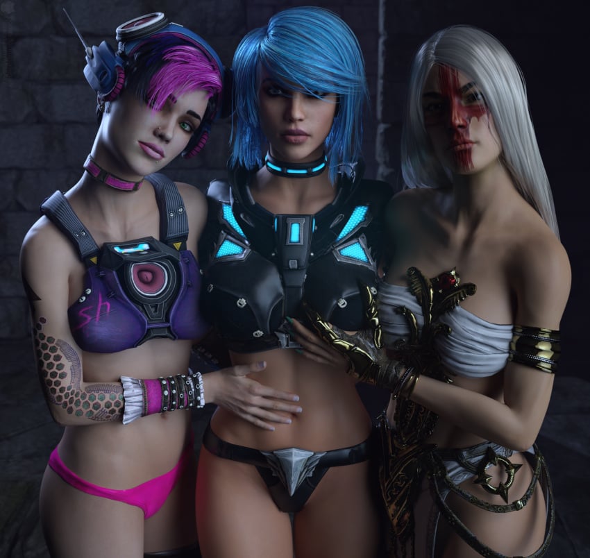 3d 3girls blue_hair female female_only galena_(quake_champions) human looking_at_viewer missally nyx_(quake_champions) quake quake_champions slash_(quake) video_games yuri