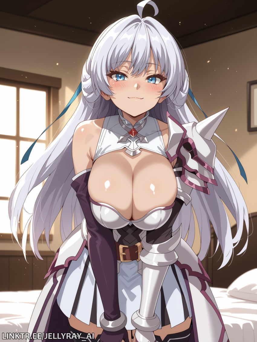 :3 ahoge ai_generated armor armored_dress bangs bare_shoulders bed belt beltskirt black_thighhighs blue_eyes blush breasts cleavage cleavage_cutout closed_mouth clothing_cutout collarbone cowboy_shot cross dress elbow_gloves female gloves grey_hair hair_intakes hair_ribbon indoors jellyray_ai jewelry kaifuku_jutsushi_no_yarinaoshi kureha_clyret large_breasts leaning_forward long_hair looking_at_viewer on_bed pauldrons pleated_skirt redo_of_healer ribbon shiny_skin shoulder_armor skirt smile solo spikes thighhighs very_long_hair window