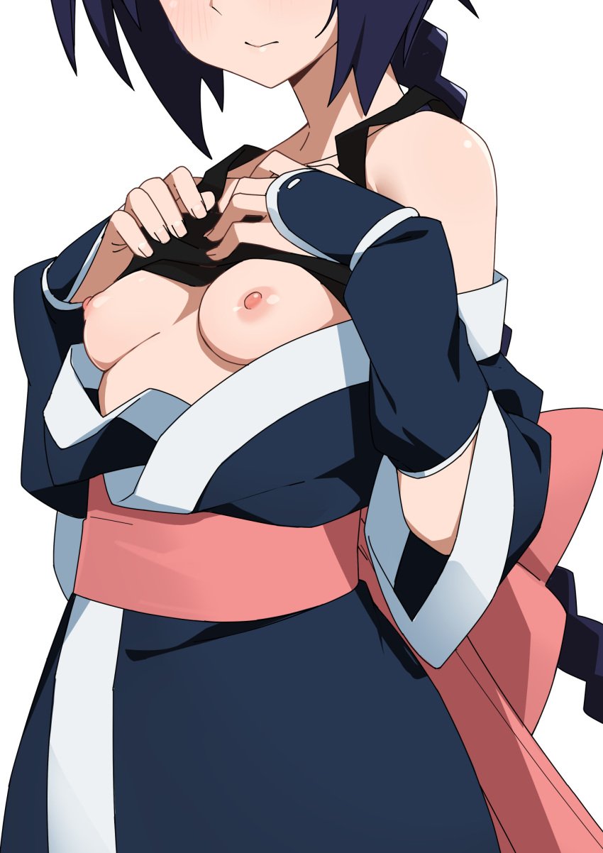 blue_hair blush braid braided_ponytail breasts_out closed_mouth exposed_breasts eyes_out_of_frame female female_focus female_only fingernails highres japanese_clothes kunoichi long_hair looking_at_viewer medium_breasts misao_makimachi morisobo ninja nipples open_clothes rurouni_kenshin shirt_lift simple_background solo white_background