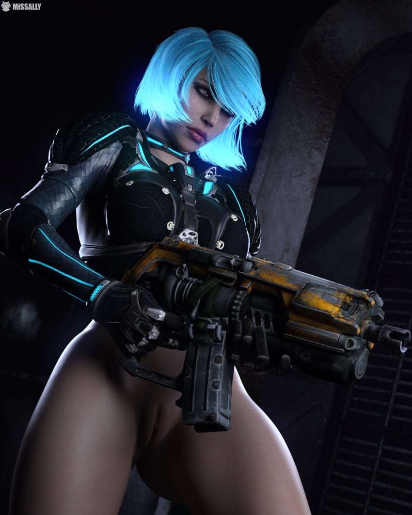 3d blue_hair female gun human missally no_panties nyx_(quake_champions) quake quake_champions video_games