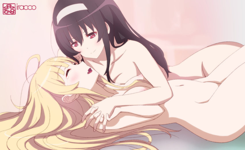 2girls black_hair blonde_hair breasts female female_only hairband hand_holding highres iracco kasumigaoka_utaha long_hair multiple_girls nude red_eyes saenai_heroine_no_sodatekata sawamura_spencer_eriri smile yuri