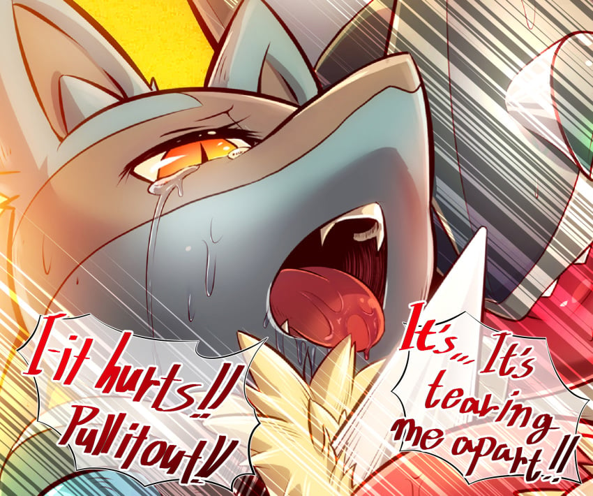 2016 alternate_color amphibian anthro blue_fur canine close-up comic crying dialogue drooling duo english_text fan_character female fur greninja kicktyan long_tongue looking_down lucario male mammal ninja nintendo open_mouth pokemon pokemon_(species) saliva sex sharp_teeth shiny_pokemon slit_pupils snout spikes straight sweat tears teeth text tongue tongue_out video_games wafu yellow_eyes