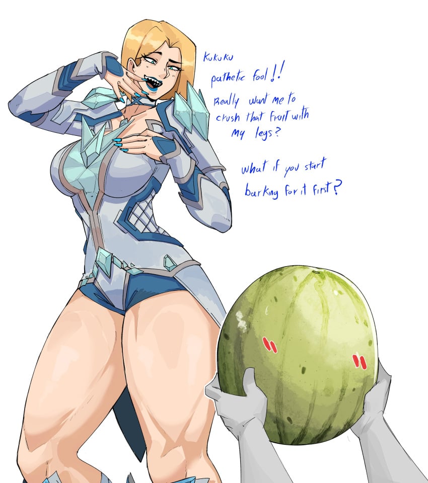1girls barking big_ass blonde_hair cupperthesecond emma_frost emma_frost_(marvel_rivals) female female_only marvel marvel_rivals meme pov thick_thighs thigh_crush thighs watermelon watermelon_crushing