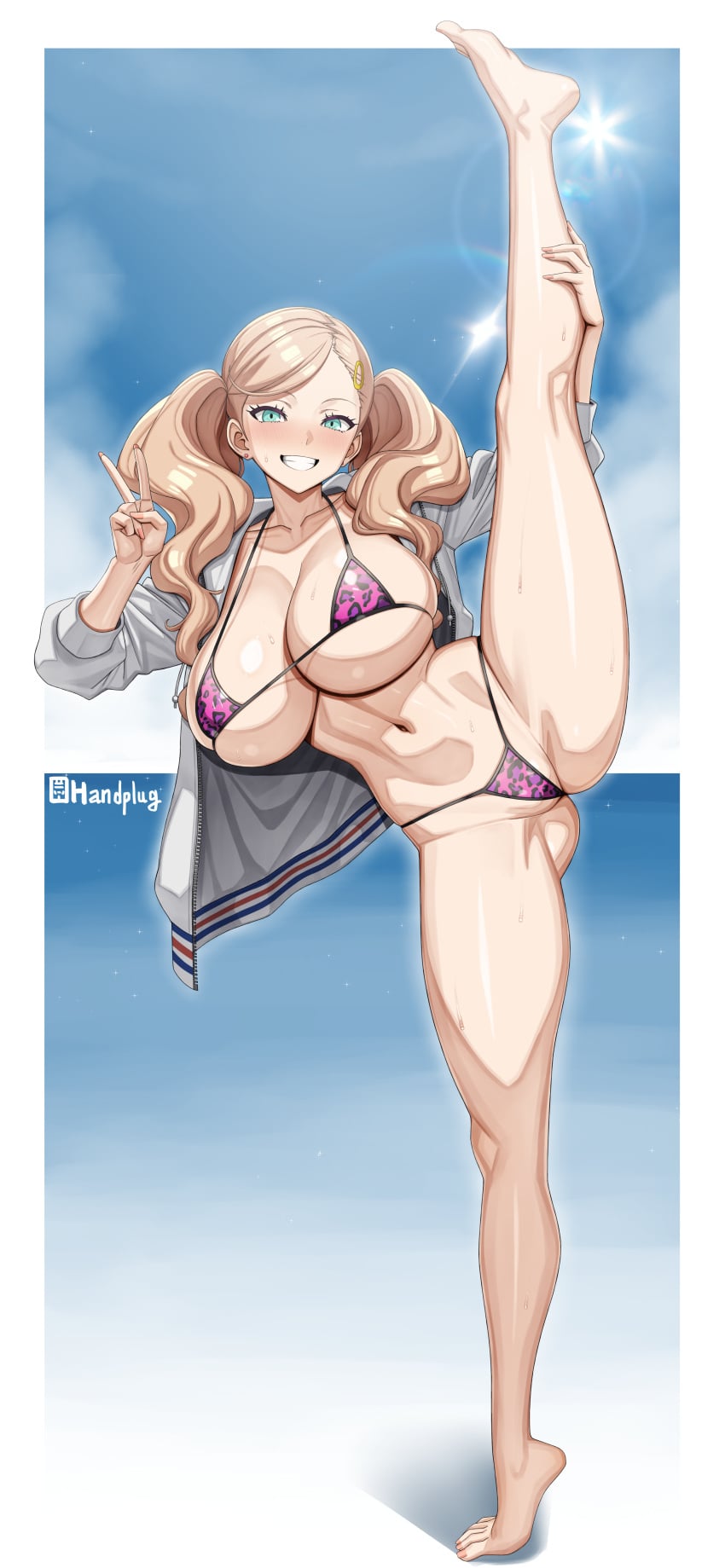 2d 2d_(artwork) 2d_artwork ann_takamaki ass ass_visible_from_the_front ass_visible_through_thighs big_ass big_breasts bikini blonde_female blonde_hair blue_eyes blush boobs booty breasts butt handplug huge_ass huge_breasts large_ass large_breasts leg_held_up leg_up legs_apart legs_up ocean ocean_background panther_print peace_sign persona persona_5 pose posing small_bikini standing_on_one_leg thick_legs thick_thighs thighs tits