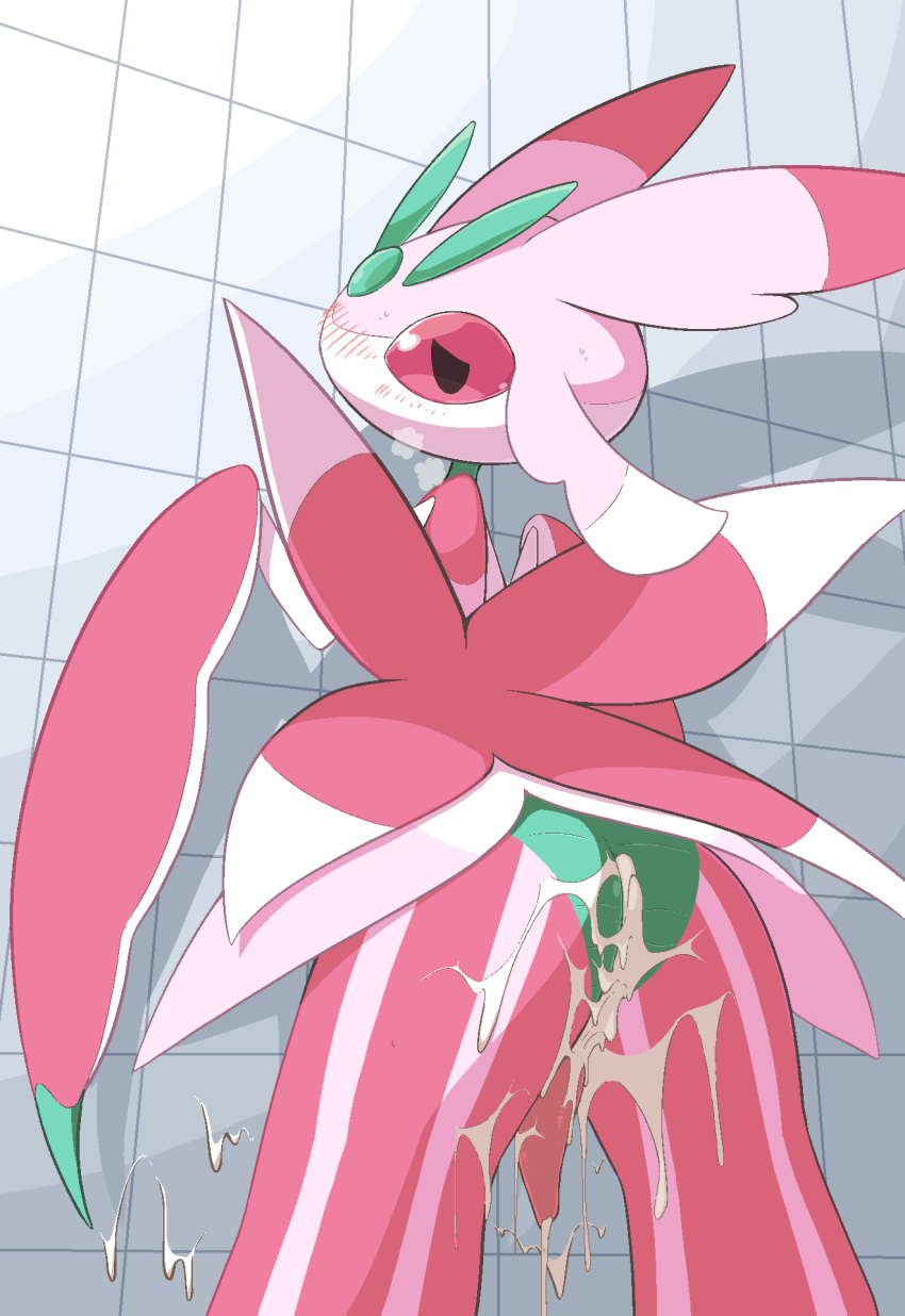 1boy after_sex against_wall ass blush cum cum_inside cum_on_ass erection flora flora_fauna gay green_body hi_res humanoid looking_at_viewer lurantis male nintendo orgasm pata penetration penis pink_body plant pokemon pokemon_focus pokemon_sm red_eyes simple_background solo video_games