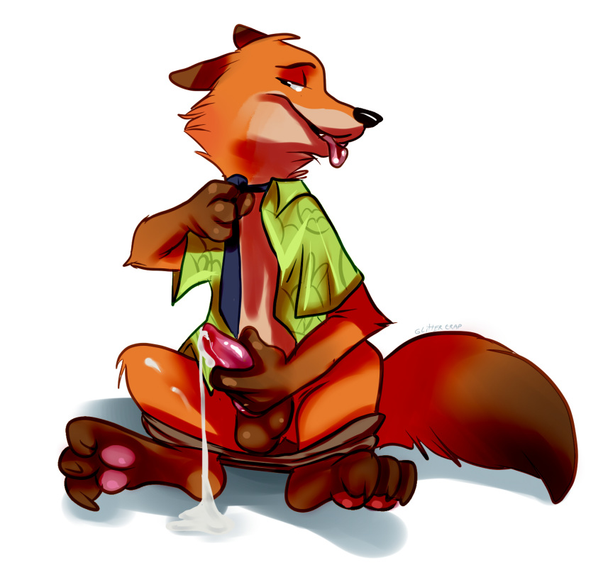 1boy anthro balls canine clothed clothing cum disney dripping erection fox front_view glitter_trap_boy holding_penis knot leaking leaking_penis male male_only mammal masturbation naughty_face necktie nick_wilde open_shirt pants pants_down partially_clothed penis seductive shirt sitting solo tapering_penis tongue tongue_out undressing zootopia