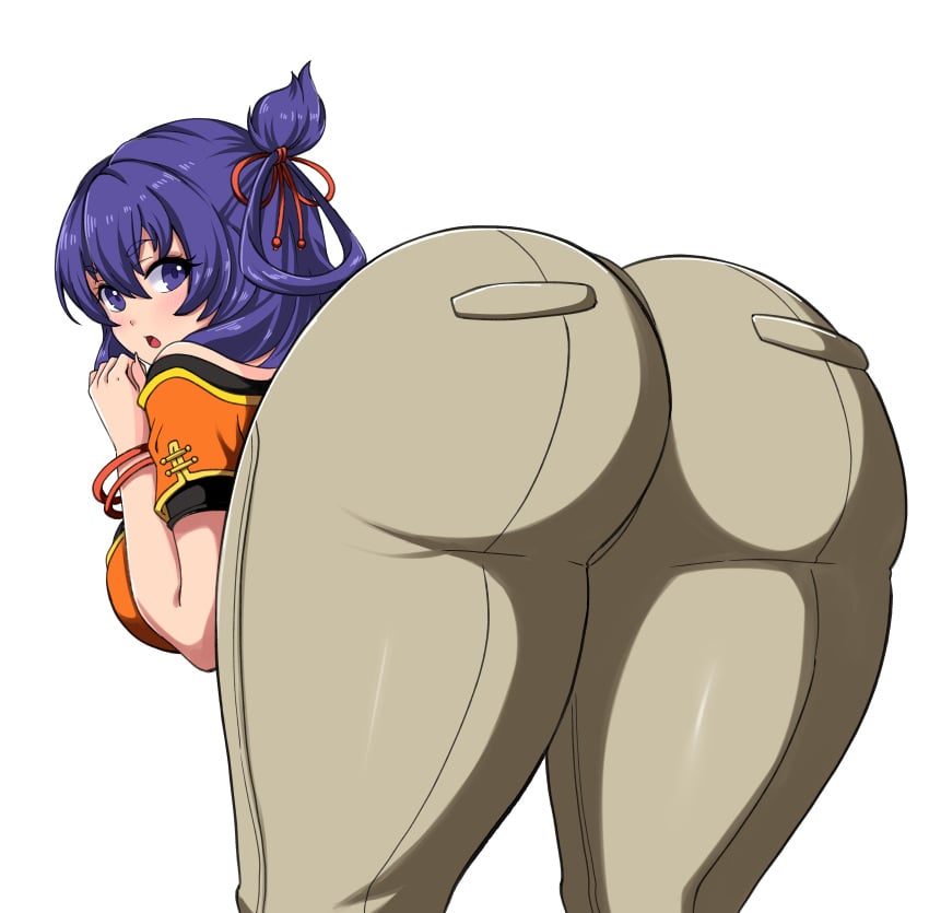 1girls ass bent_over big_ass big_butt bracelet eiyuu_densetsu female huge_ass huge_butt looking_back momocka_art orange_shirt purple_eyes purple_hair rixia_mao solo the_legend_of_heroes thick_thighs