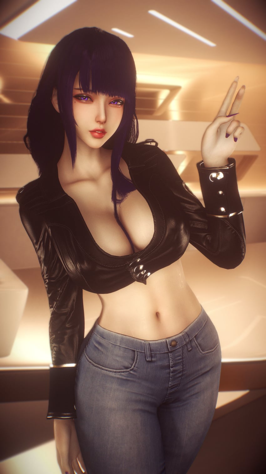 1girl 1girls 2026 3d 4k background beauty_mark belly belly_button big_breasts breasts breasts_bigger_than_head chromatic_aberration clothed clothing crashbanditkut day depth_of_field detailed_background eyebrows eyelashes eyeshadow female genshin_impact glitter hair half-closed_eyes hi_res high_resolution highres hourglass_figure hourglass_figured_female hoyoverse human indoors inside jacket jeans light-skinned_female lips long_eyelashes long_hair long_nails looking_at_viewer makeup mascara mature mature_female mature_woman mihoyo mole mole_under_eye nail_polish nails navel parted_lips pinup purple_eyes purple_hair purple_nails raiden_shogun room self_upload solo solo_female solo_focus standing straight sweat sweatdrop sweaty sweaty_body thick thick_thighs thighs tummy virt-a-mate virtamate young young_female