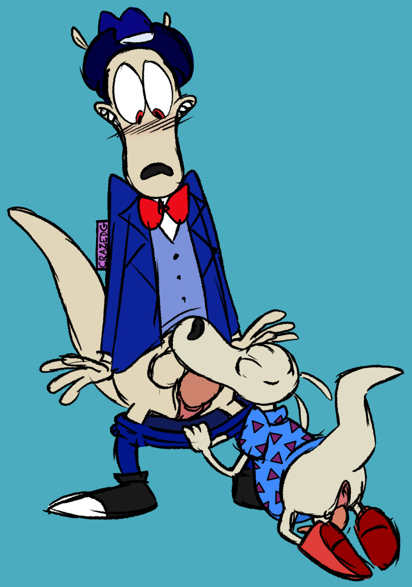 anatomically_correct anatomically_correct_penis animal_genitalia animal_penis anus balls blush bow_tie clothed clothed_sex clothing crazedg father father_and_son footwear hat incest jacket lancer_buck_(colorist) male mammal marsupial marsupial_penis oral pants parent penis rocko rocko's_dad rocko's_modern_life sex shirt shoes son son_blowing_dad vent wallaby yaoi