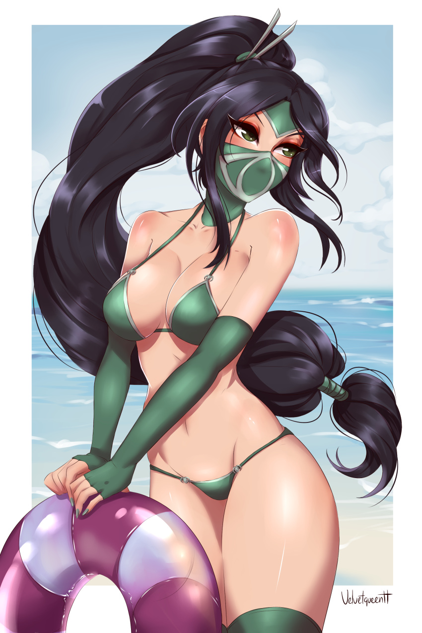 1girls absurdres akali bikini breasts cleavage female highres league_of_legends solo velvetqueenh