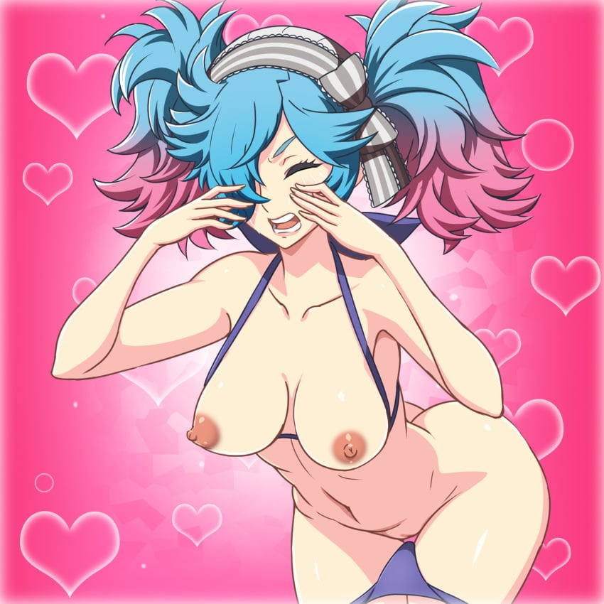 arched_back areolae ass bare_arms bare_legs bare_shoulders bikini bikini_pull blue_bikini blush breasts breasts_out butt_crack closed_eyes collarbone crying female fire_emblem fire_emblem_fates hair_over_one_eye hair_ribbon heart highres large_breasts legs multicolored_hair navel nipples open_mouth peri_(fire_emblem) pussy ribbon shaved_pussy simple_background solo standing tears thighs thong thong_pull uncensored yuki_(12cut)