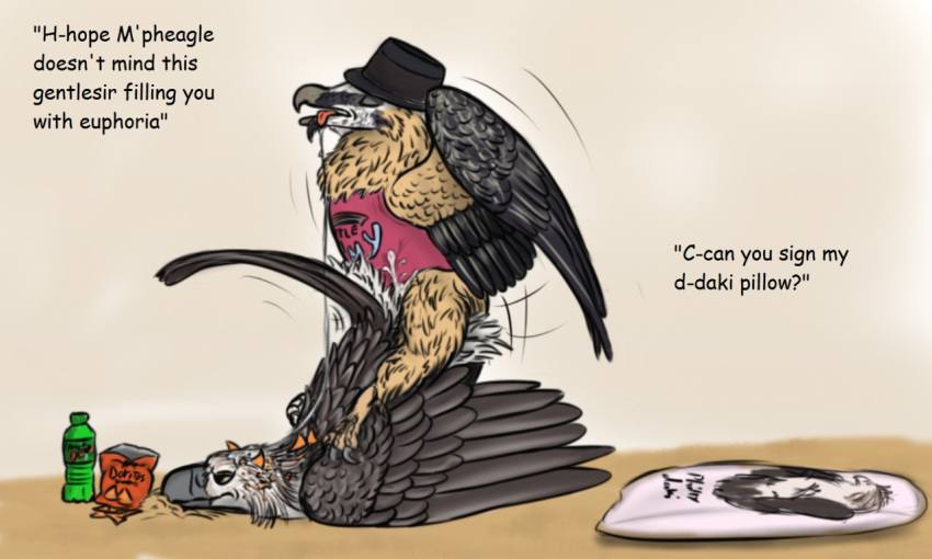 avian bearded_vulture bird bored brown_eyes clothed clothed_feral clothing comic_sans cum dakimakura_design drooling eagle feathers fedora feral feral_on_feral ferobird food hat humiliation humor male meme mountain_dew neckbeard philippine_eagle saliva tagme talons uppmap123 vulture yaoi