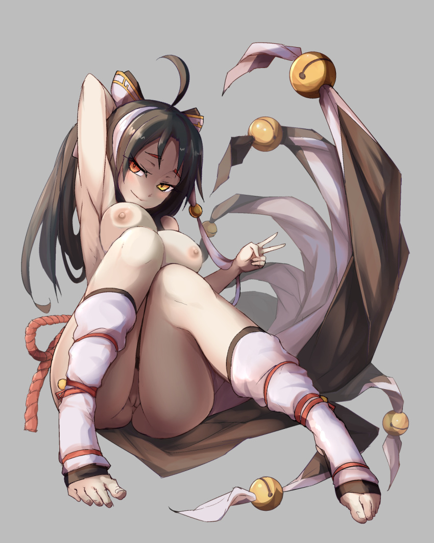 ahoge ara_haan armpits arms_up asura_(elsword) barefoot bell black_hair blush breasts elsword feet female hair_ornament hair_ribbon heterochromia highres large_breasts long_hair looking_at_viewer multicolored_hair nipples nishino_(waero) nude photoshop pussy red_eyes ribbon showing_armpits simple_background smile solo toeless_legwear toeless_socks toes two-tone_hair uncensored v waero white_hair white_legwear white_ribbon yellow_eyes