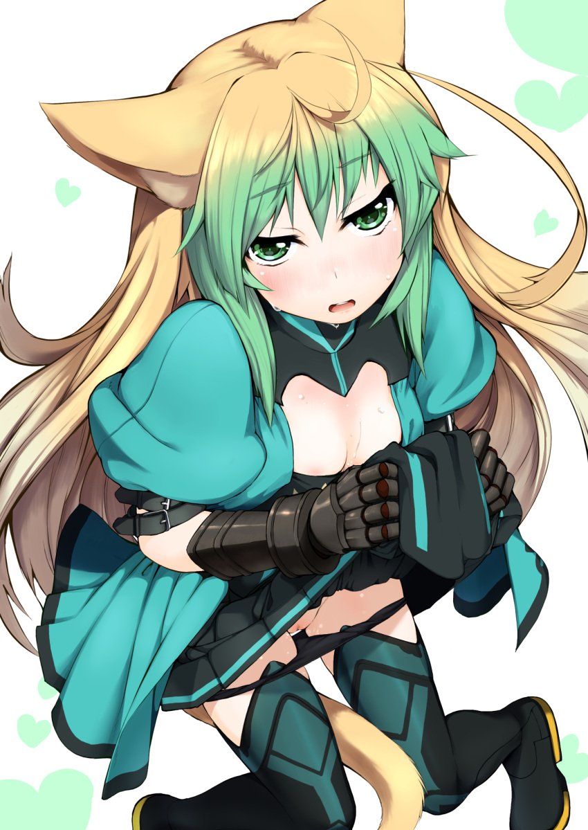 1girls ahoge animal_ears arm_belt arm_garter asymmetrical_gloves atalanta_(fate) bangs black_boots black_legwear black_panties black_skirt blonde_hair blush boots breasts cat_ears cat_tail cleavage cleavage_cutout dress fate/apocrypha fate/grand_order fate_(series) gauntlets gloves gradient green_eyes green_hair hair heart highres holding juliet_sleeves long_hair long_sleeves looking_at_viewer miniskirt miniskirt_lift multicolored_hair nejime open_mouth panties panties_around_thighs pleated_skirt puffy_short_sleeves puffy_sleeves pussy short_sleeves simple_background skirt skirt_lift solo sweat sweatdrop tail thigh_boots thighhighs thighs two-tone_hair underwear very_long_hair white_background