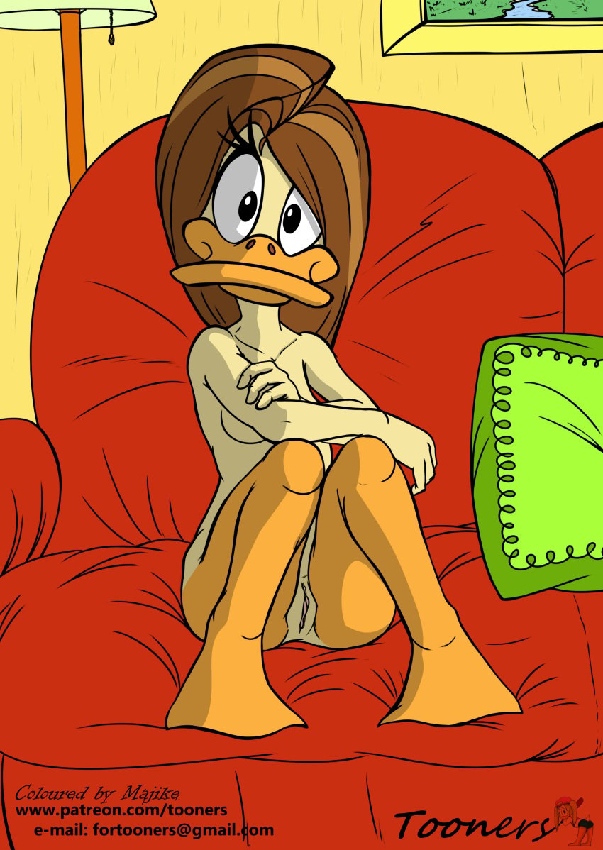 absurd_res anthro avian beak bed bird breasts duck female hair hi_res looney_tunes non-mammal_breasts nude pillow pussy simple_background smile solo straight_hair the_looney_tunes_show tina_russo tooners warner_brothers white_background