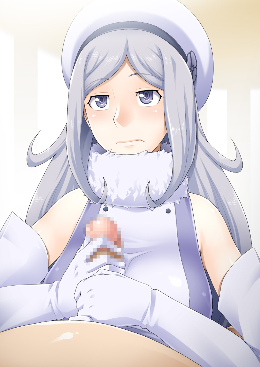 aila_jyrkiainen bare_shoulders blush breasts censored dress elbow_gloves female gundam gundam_build_fighters handjob hat highres hornet_(artist) large_breasts long_hair looking_up penis purple_eyes simple_background white_hair