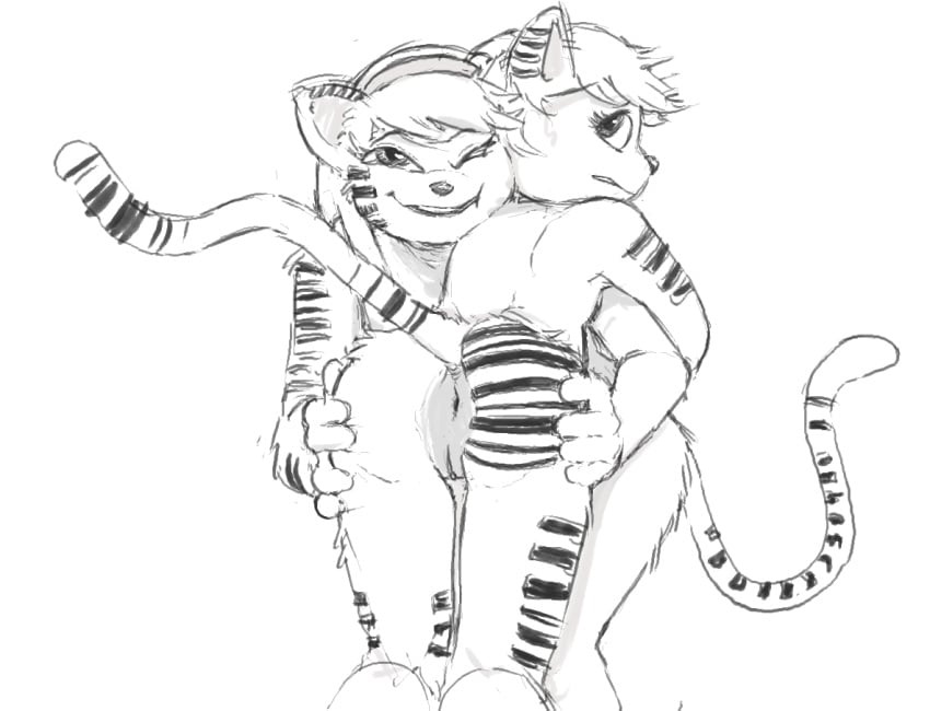 akunim anthro anus assisted_exposure bridget_(latchkey_kingdom) feline female fur hair hand_on_ass jennifer_(latchkey_kingdom) latchkey_kingdom mammal monochrome one_eye_closed pussy sibling simple_background sisters smile striped_fur stripes white_background yuman