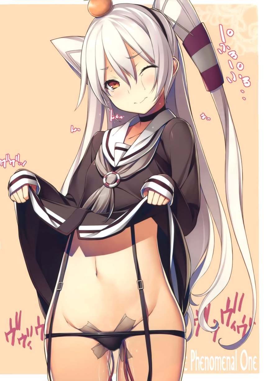 3: amatsukaze_(kantai_collection) ass_visible_through_thighs black_dress black_panties breasts brown_eyes choker closed_mouth cowboy_shot dress dress_lift female female_masturbation food fruit hair_between_eyes hairband highres kantai_collection kikuchi_seiji long_hair mandarin_orange masturbating masturbation navel object_insertion panties panty_pull photoshop pussy_juice sailor_dress scan silver_hair sleeves_past_wrists small_breasts solo suspenders sweat tears thighhighs two_side_up underwear vaginal_object_insertion vaginal_penetration vibrator wince