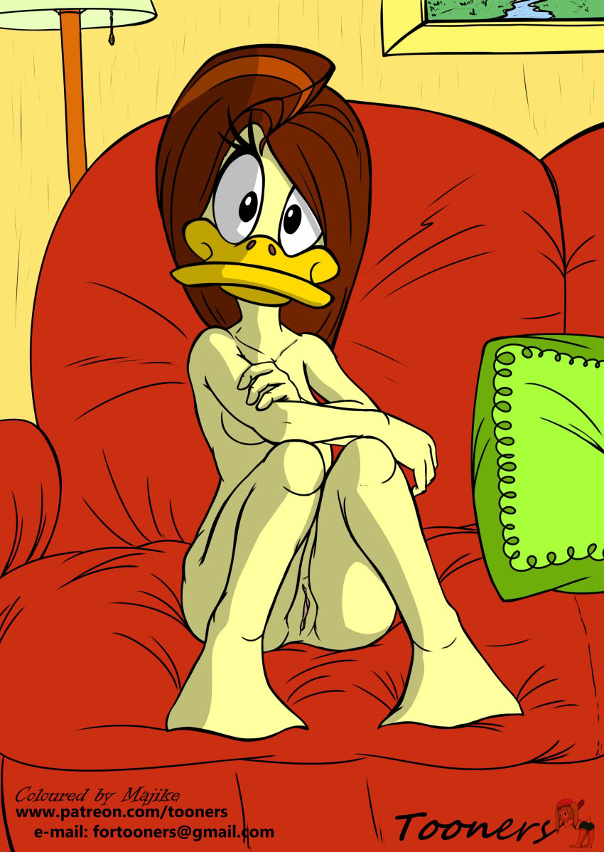 absurd_res anthro avian beak bed bird breasts duck female hair hi_res looney_tunes majike non-mammal_breasts nude pillow pussy simple_background smile solo straight_hair the_looney_tunes_show tina_russo tooners warner_brothers white_background