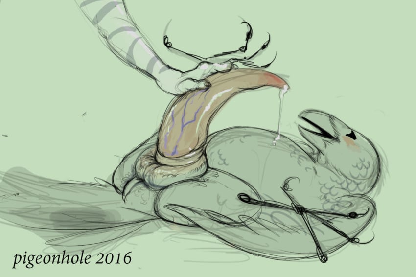 2016 ambiguous_gender animal_genitalia animal_penis anthro anthro_on_feral avian beak bending_penis big_penis bird corvid crow disembodied_hand duo erection feathered_wings feathers feral huge_cock hyper hyper_penis interspecies lying male open_mouth penis pigeonhole simple_background tapering_penis unknown_species vein veiny_penis wings zoophilia