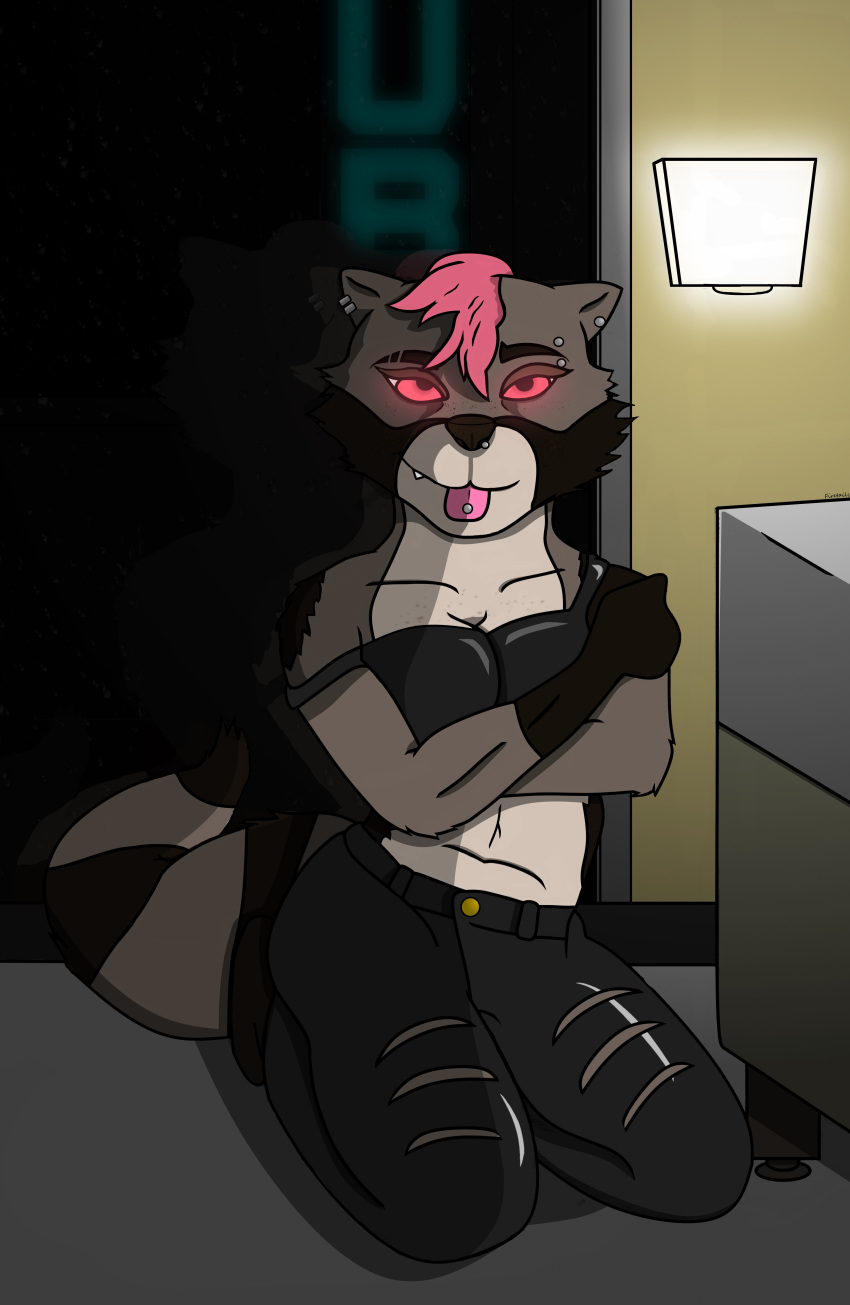 anthro bed black_clothing bra brown_fur female female_only firetails freckles furry glowing glowing_eyes halfworlder hotel_room leather leather_pants marvel marvel_comics mohawk no_humans piercing pink_eyes pink_hair punk raccoon raining ripped_pants shocket_raccoon