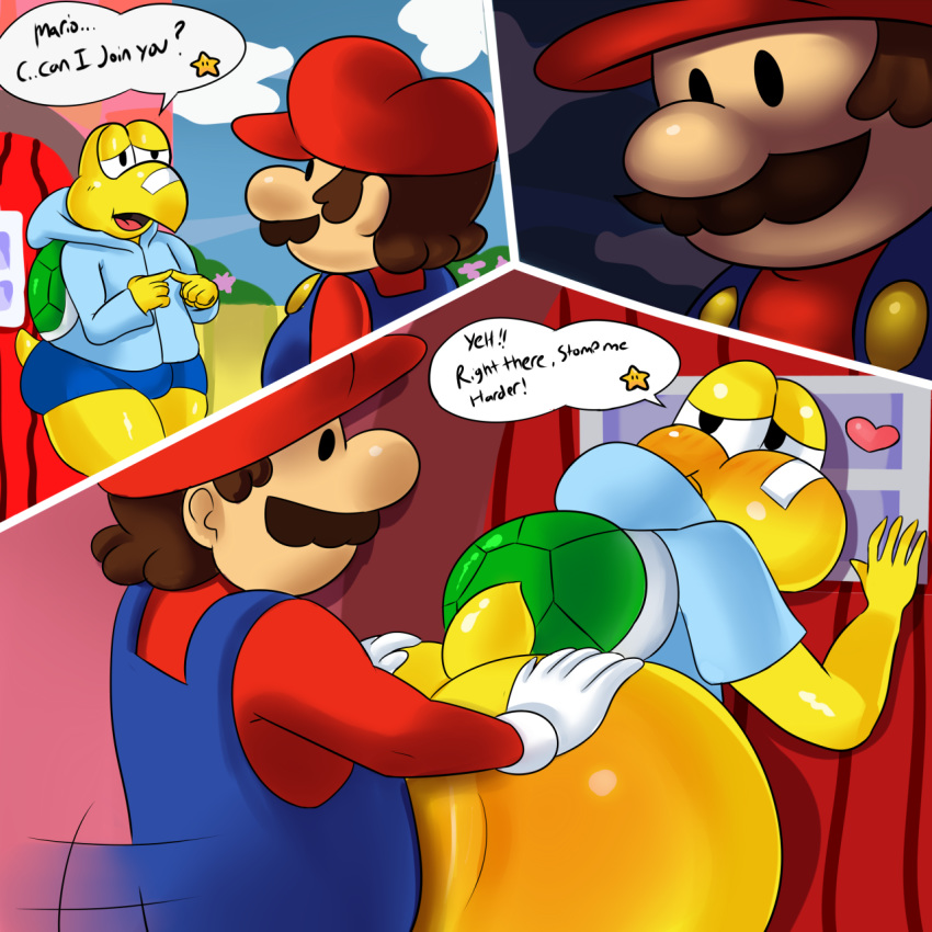 2boys anal anal_sex ass band-aid bandage big_butt blush clothing erozer gay heart hoodie koopa koops male male_only mario mario_(series) nintendo paper_mario penetration scalie shell shorts video_games yaoi