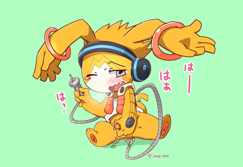 anal anal_sex appmon_(species) blue_eyes blush closed_eyes cum cute_fangs digimon digimon_universe:_appli_monsters green_background headphones jamp_0322 japanese_text male masturbation musimon open_mouth penetration penis saliva simple_background solo tagme tears text