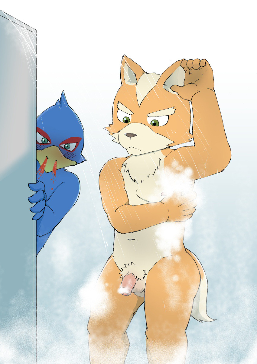 avian bird blood blush canine falco_lombardi fox fox_mccloud male_only mammal nintendo nosebleed nude pheasant shinki_k shower star_fox video_games