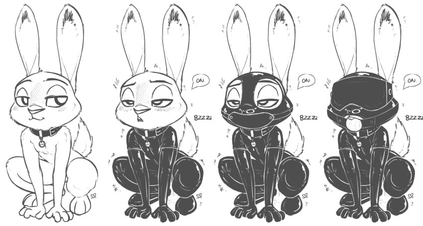 2017 alec8ter anthro armwear black_and_white blindfold bodysuit bondage bound buckteeth clothed clothing collar crouching dialogue disney drooling elbow_gloves english_text female flat_chest gag gagged gimp_hood gimp_suit gloves half-closed_eyes hood hooded judy_hopps lagomorph latex latex_bodysuit latex_clothing latex_suit looking_pleasured mammal monochrome name_tag nude panel_gag petplay png progression rabbit restricted_palette roleplay rubber rubber_suit saliva sex_toy shaking signature simple_background solo teeth text tight_clothing vibrator white_background zootopia