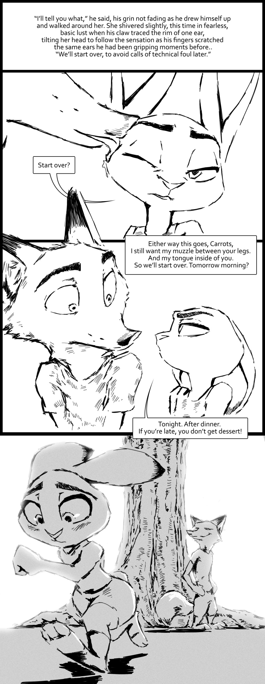 2017 anthro black_and_white blush canine clothed clothing comic dialogue disney duo english_text female fox greyscale hands_on_hips judy_hopps lagomorph licking male mammal monochrome nick_wilde one_eye_closed outside rabbit running simple_background sketch smile straight text thewyvernsweaver tongue tongue_out tree white_background zootopia