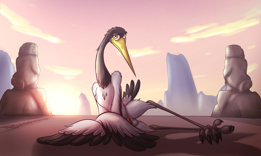 4_toes avian balls bassybird bassywolfeh beak detailed_background dreamworks feathers feral kung_fu_panda looking_at_viewer male male_only master_crane nude outside penis seductive solo talons tapering_penis toes wings