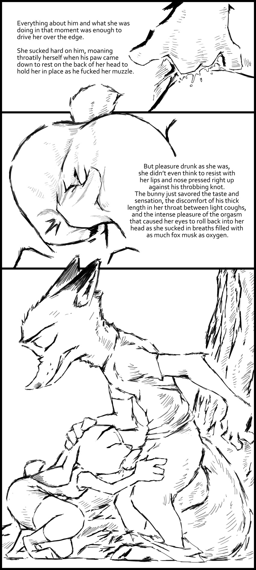 2017 animal_genitalia animal_penis anthro black_and_white canine canine_penis closed_eyes clothed clothing comic crouching deepthroat dialogue dirty_talk disney duo english_text fellatio female fingering fingering_self fox greyscale hand_in_pants hand_on_head judy_hopps lagomorph leaning male mammal masturbation monochrome nick_wilde oral oral_sex orgasm outside pants_down partially_clothed penis predator/prey pussy pussy_juice rabbit sex simple_background straight text thewyvernsweaver throat_fuck tight_throat tree white_background zootopia