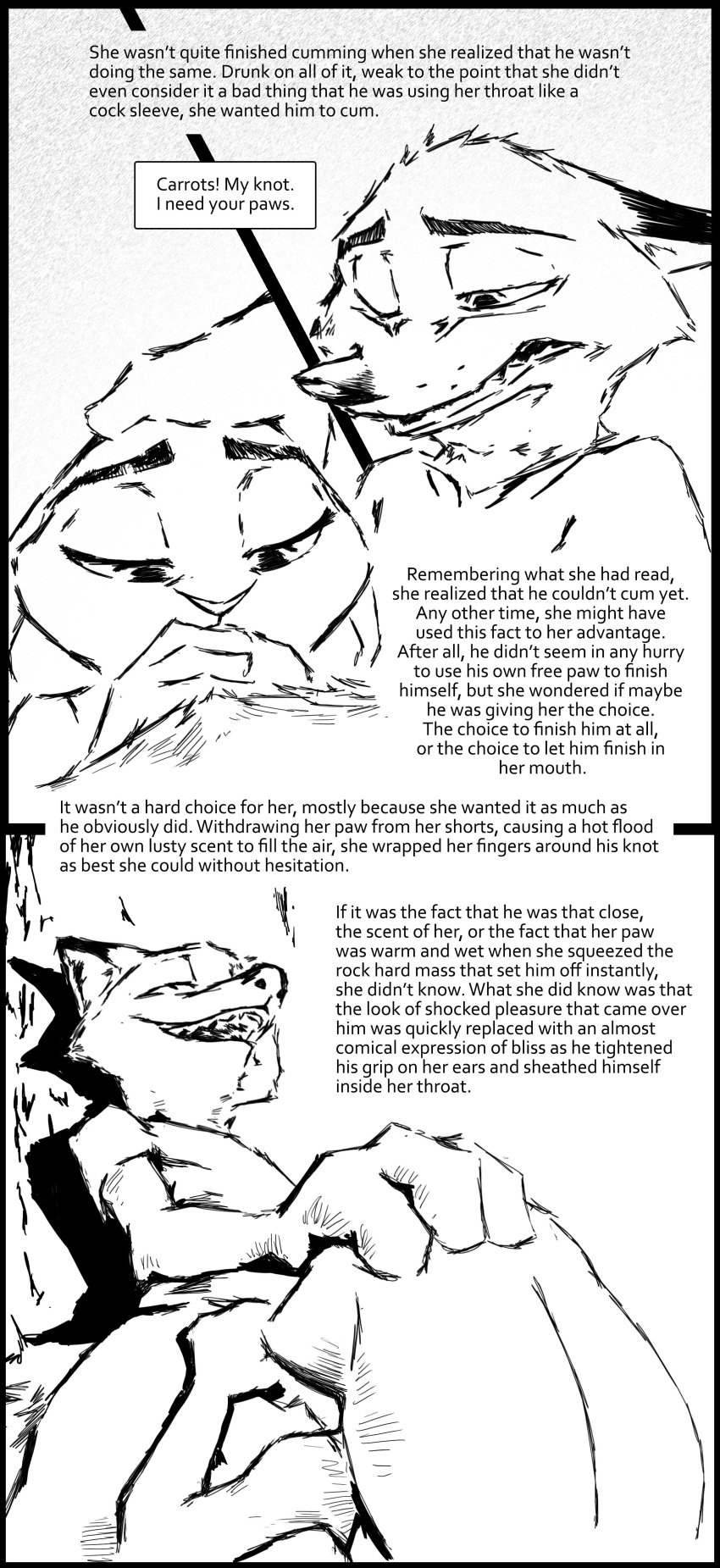 2017 anthro black_and_white bottomless canine clothed clothing comic deep_throat deepthroat dialogue dirty_talk disney duo english_text fellatio female fox greyscale hand_on_head judy_hopps knot lagomorph leaning male mammal monochrome nick_wilde oral oral_sex orgasm outside predator/prey rabbit sex simple_background sketch smile straight text thewyvernsweaver throat_fuck tight_throat tree white_background zootopia