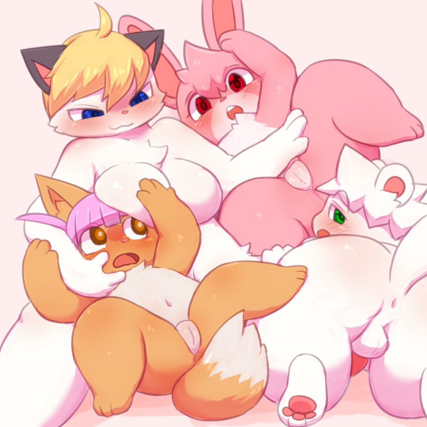 1boy 3girls blonde_hair blue_eyes feline fox furry green_eyes kaijari_(mixeeeel) multiple_girls paperman penis purple_hair pussy rabbit red_eyes uncensored