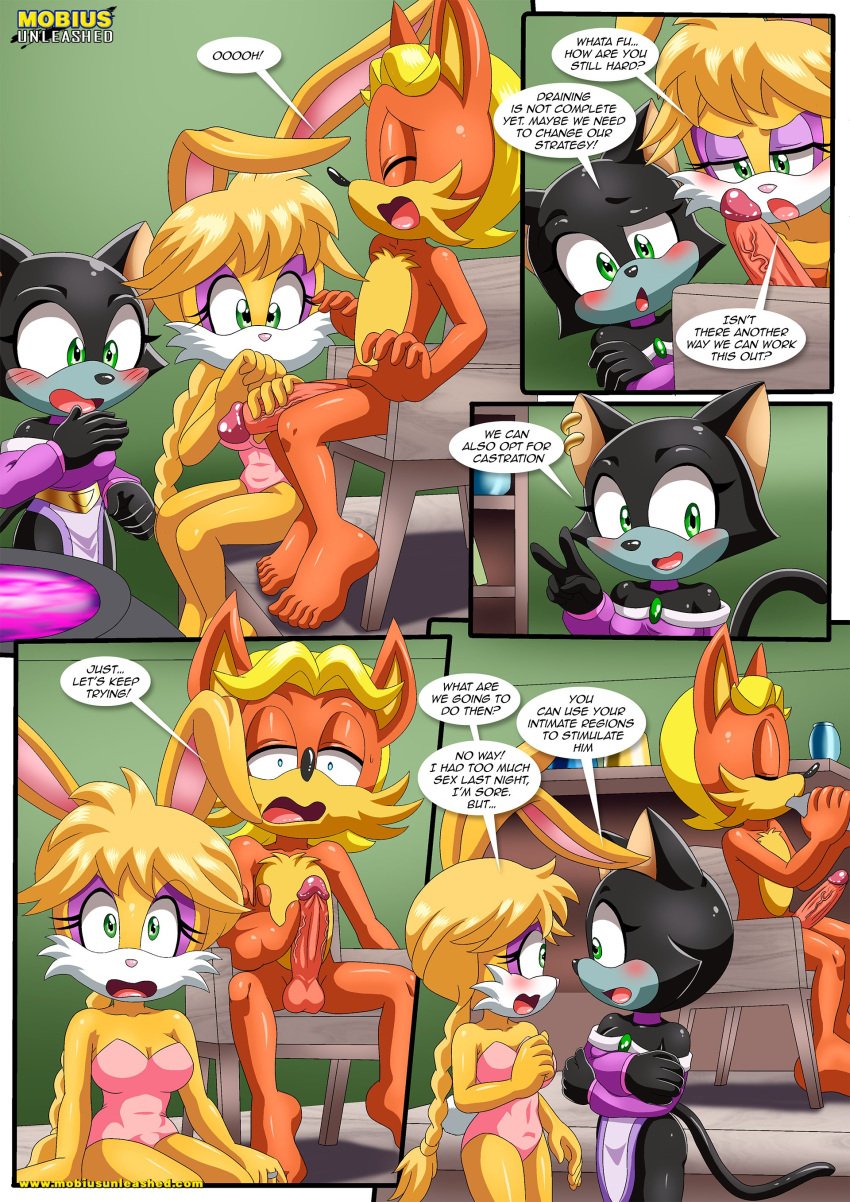 1boy 2girls anthro antoine_d'coolette bbmbbf blush bunnie_rabbot comic ebony_the_cat erection female how_many_times_per_day_(comic) male male/female mobius_unleashed palcomix penis sega sonic_(series) sonic_the_hedgehog_(series)