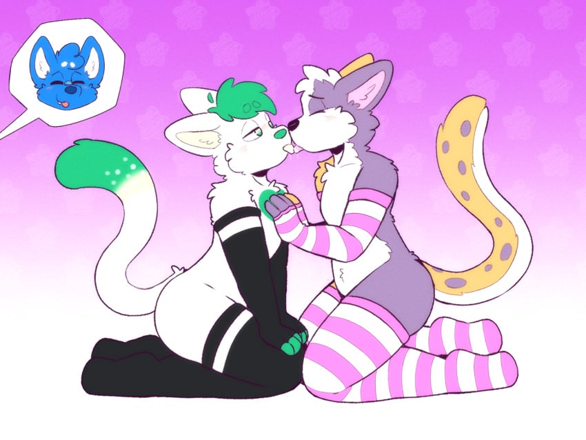 4:3 anthro ass blush clothed clothing comet_(alexboom11) domestic_cat duo felid feline felis femboy fur hi_res kissing legwear male male/male mammal reddy_cat simple_background suggestive_pose tail thigh_highs tongue warmers wolfyzeeb zeeb_wolfy