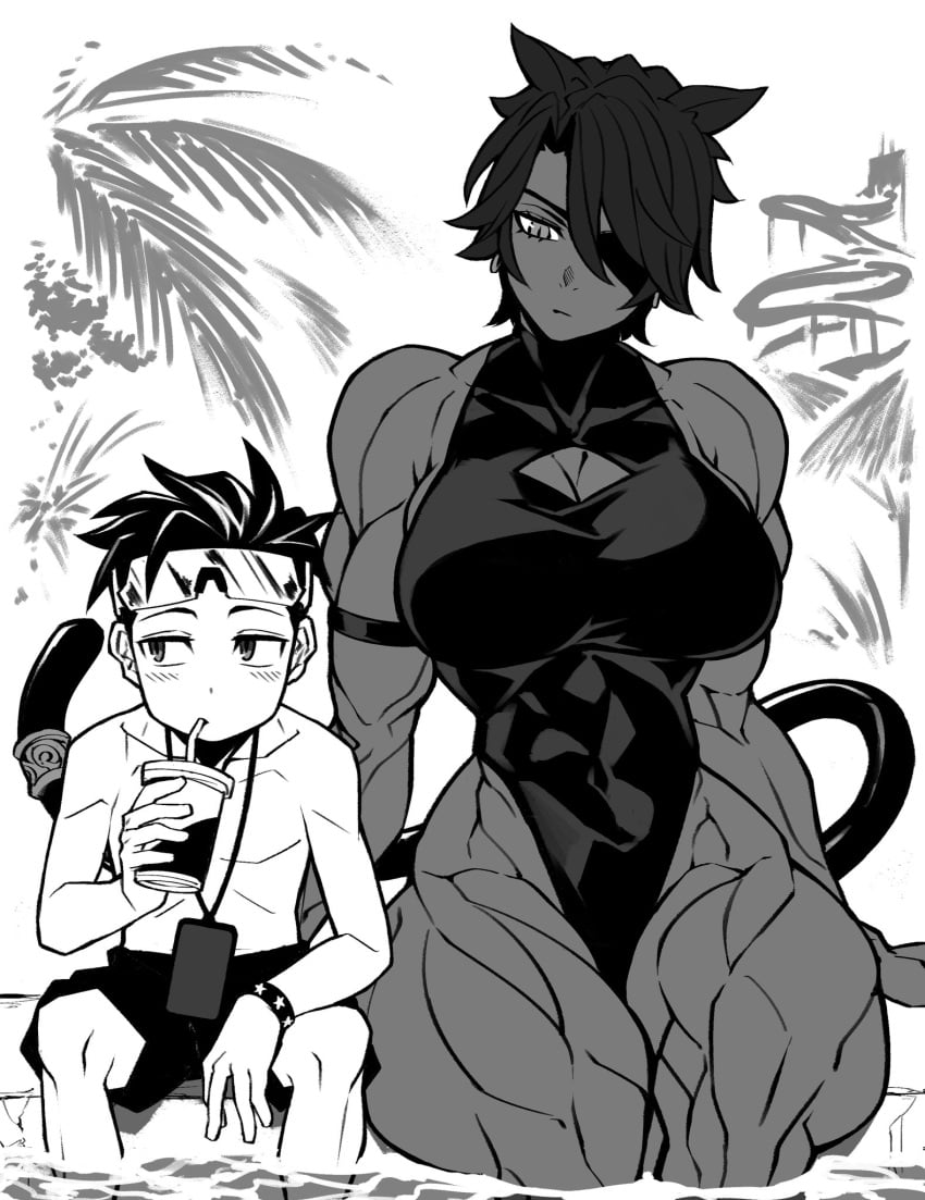 1boy 1girls alternate_version_available cat_ears cat_tail catgirl drinking drinking_cup drinking_straw eyepatch female grayscale large_breasts leotard male mao_(yuto_noirm08) muscle_mommy muscles muscular muscular_female oh_my_goodness_gracious taller_girl thick_thighs thunder_thighs yuto_noirm08