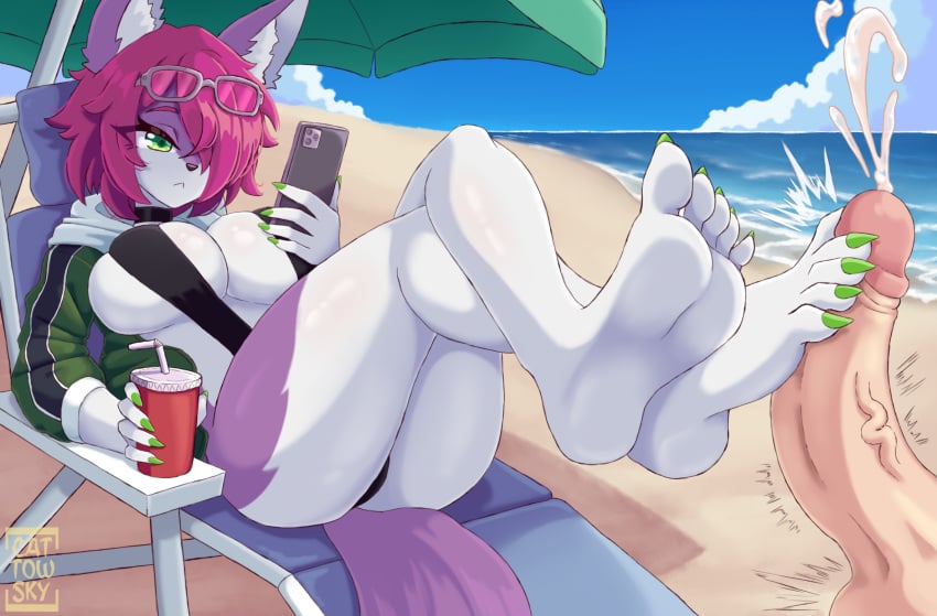 anthro beach beverage big_breasts bodily_fluids bored breasts canid canine cattowsky choker clothed_female clothing colored_nails container cum cup duo electronics erection eyewear eyewear_on_head feet female foot_fetish foot_play footjob fox fur genital_fluids glasses glasses_on_head hi_res human jacket jewelry male male/female mammal nails necklace one-piece_swimsuit orgasm phone purple_body purple_fur sex swimwear topwear violetto_valentine_(violetto_valentine) white_body white_fur