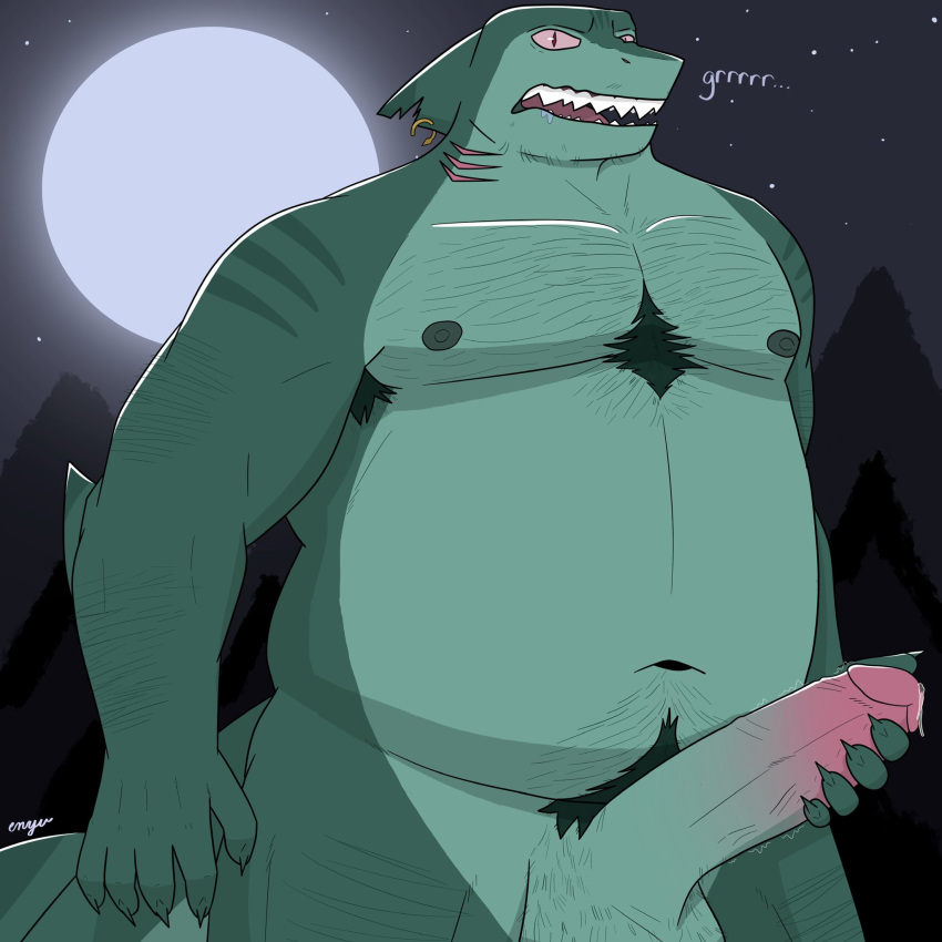 1:1 anthro bodily_fluids body_hair chest_hair enyuskii fish genital_fluids genitals growling hi_res male marine moon musclegut muscular penis piercing precum pubes shark solo text werecreature werefish wereshark