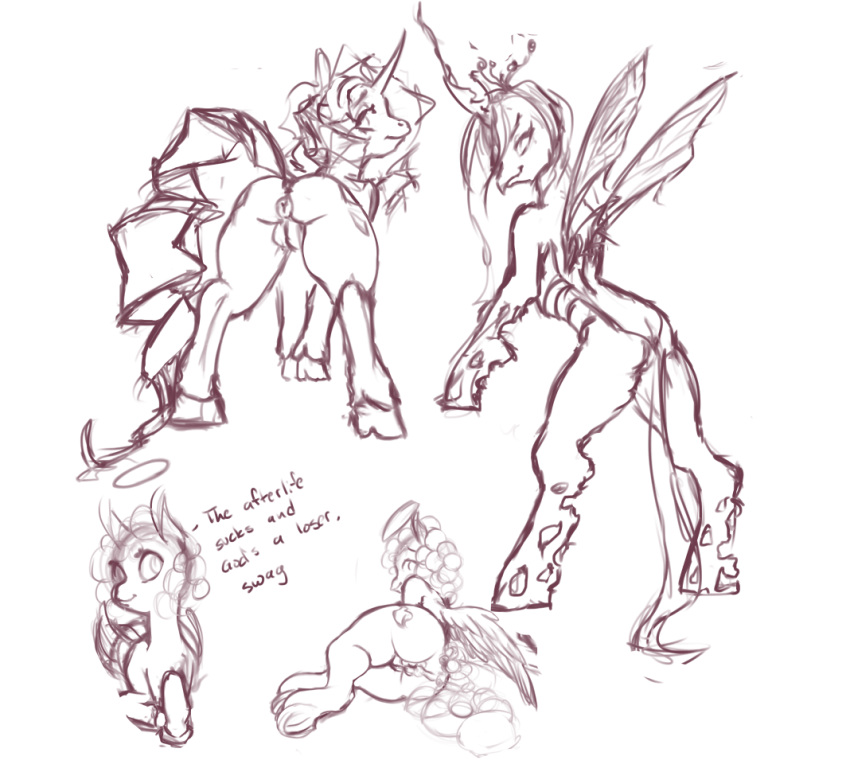 2017 anus ass changeling cutie_mark english_text equine fan_character feathered_wings feathers female feral friendship_is_magic hair halo horn horse insect_wings looking_back mammal my_little_pony nude onelovelydovely pony presenting pussy queen_chrysalis_(mlp) rarity_(mlp) simple_background sketch smile text unicorn white_background wings