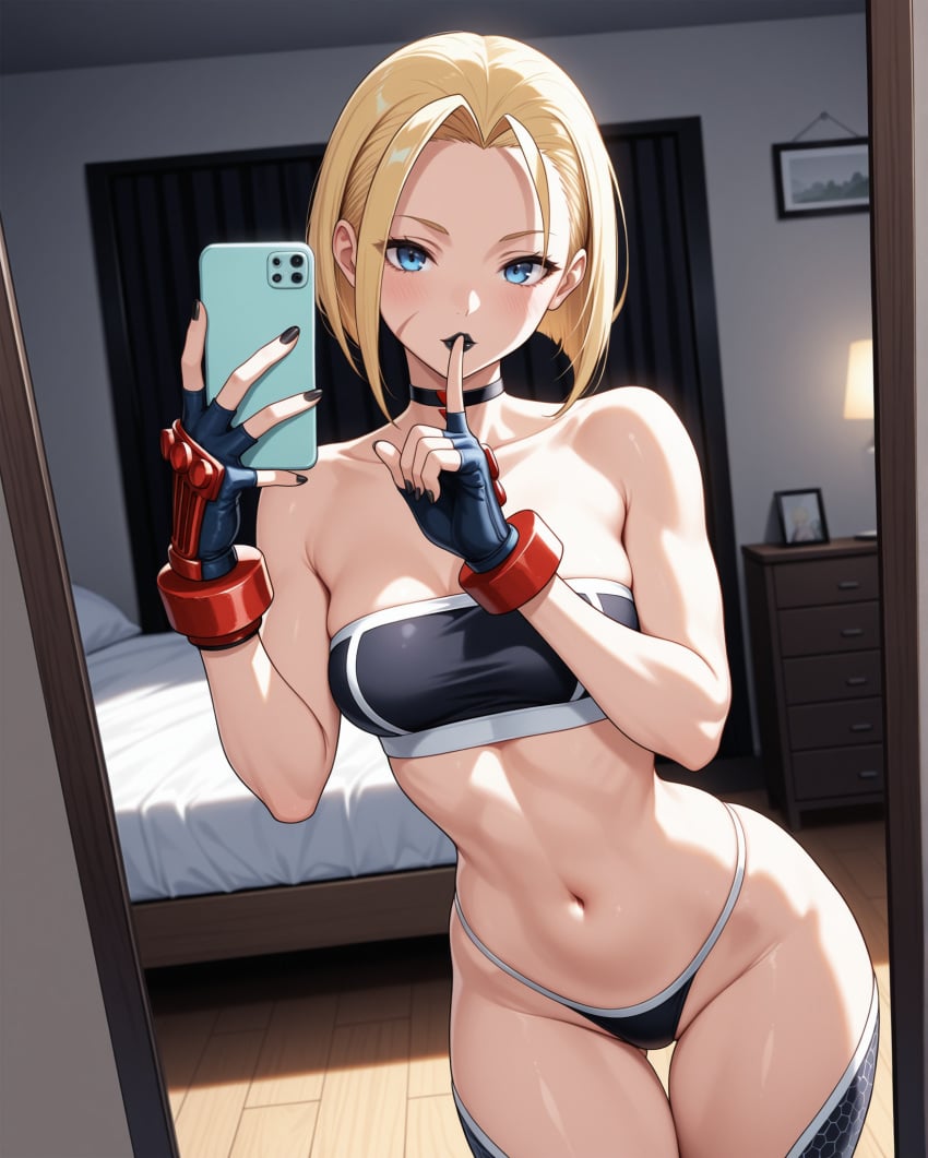 1girls ahoge ai_generated bare_arms bare_shoulders bed bedroom belly_button black_lipstick blonde_hair blonde_hair_blue_eyes blue_eyes blush breasts cammy_white choker female female_pov fingerless_gloves gloves hips indoors looking_at_viewer mirror mirror_selfie navel notreallyhere phone pov scar selfie short_hair shushing skindentation smartphone street_fighter street_fighter_6 thigh_gap thighs thong tubetop wooden_floor