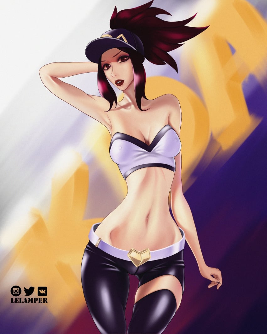 1girls akali bare_midriff cap female female_only female_solo hat k/da_akali k/da_series league_of_legends lelamper solo solo_female solo_only top_wear