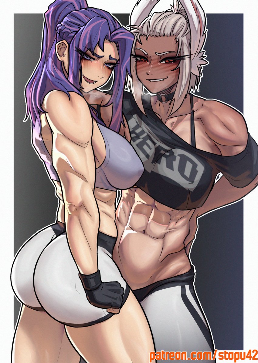 2girls ass ass athletic_female big_ass big_breasts big_butt big_thighs black_skin boku_no_hero_academia breasts female female/female female_focus fit_female lady_nagant legs massive_breasts miruko my_hero_academia purple_eyes purple_hair red_eyes stopu thighs white_hair white_skin