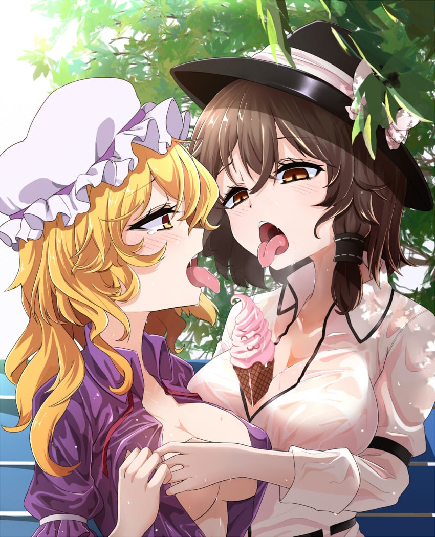 2girls between_breasts black_headwear blonde_hair blush bow breasts brown_eyes brown_hair cleavage collared_shirt commentary couple food girlfriend girlfriends hat hat_bow highres ice_cream imminent_kiss large_breasts lesbian_couple maribel_hearn mob_cap multiple_girls no_bra open_mouth pixel-perfect_duplicate purple_shirt renko_usami rihito_(usazukin) sexually_suggestive shirt simulated_paizuri tears tongue tongue_out touhou wet wet_clothes wet_shirt white_bow white_headwear white_shirt wing_collar yellow_eyes yuri