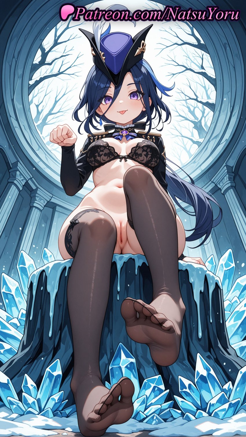 1girls 2025 ai ai_assisted ai_generated anime anime_style ascot asian bare_tree black_bra black_legwear black_thighhighs blue_hair blue_headwear blush bottomless bow bow_bra bra breasts bust busty cleavage cleft_of_venus clorinde_(genshin_impact) clothing dark_blue_hair epaulettes feet female female_focus female_only foot_fetish foot_focus foreshortening from_below full_body genshin_impact hair_between_eyes hat hat_feather hentai hi_res high_quality high_resolution highres hoyoverse indoors large_breasts legs long_hair long_sleeves looking_at_viewer low_ponytail makeup medium_breasts mihoyo mihoyo_technology_(shanghai)_co._ltd. multicolored_hair natsuyoru navel no_panties no_shoes patreon paw_pose ponytail purple_eyes pussy shrug_(clothing) sitting smile soles solo solo_female stable_diffusion stockings stomach thighhighs thighs toeless_legwear toes tongue tongue_out tricorne uncensored underwear vagina voluptuous voluptuous_female