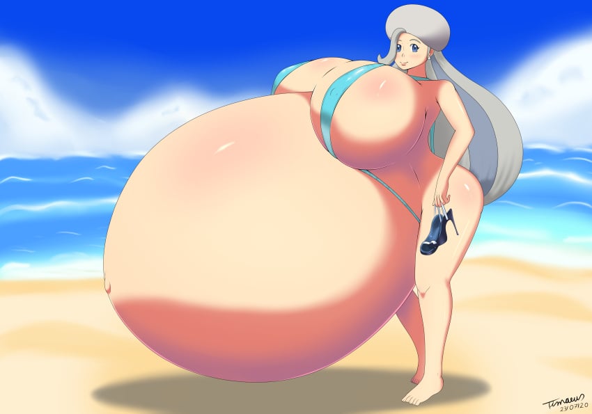 1girls 2019 beach belly_bigger_than_body bikini blush breasts_bigger_than_head breasts_bigger_than_torso female female_focus game_freak gigantic_belly gigantic_breasts hat high_heels holding_object hyper_belly hyper_pregnancy long_hair looking_at_viewer melony_(pokemon) nintendo ocean pokemon pokemon_ss pregnant pregnant_female ready_to_pop round_belly sky sling_bikini standing timaeus