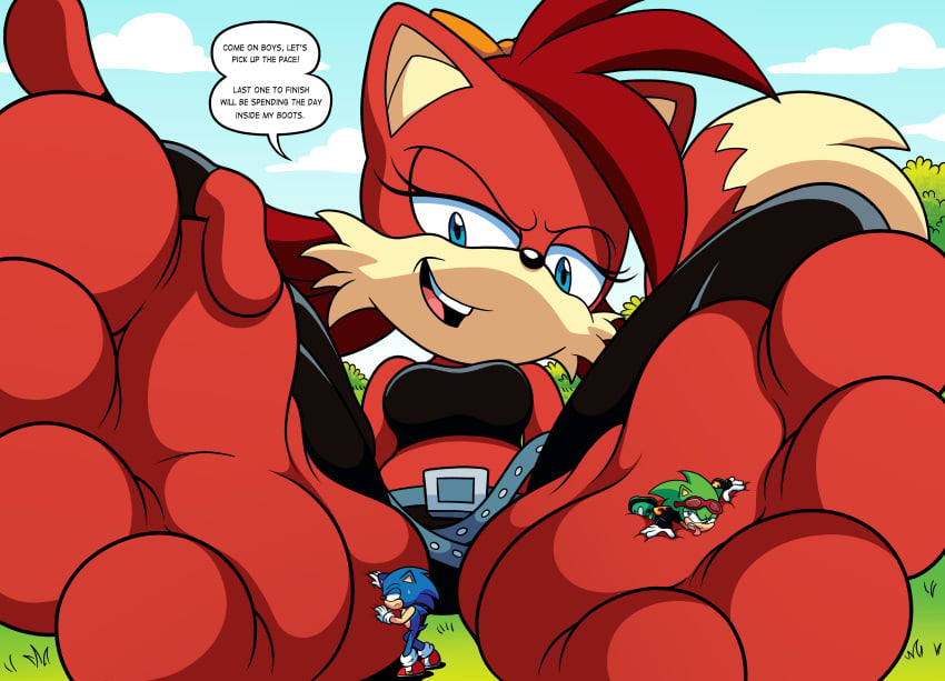 4_toes absurd_res anthro archie_comics barefoot dialogue extreme_size_difference feet female fiona_fox foot_fetish foot_focus foot_lick foot_play foot_rub group hi_res licking low-angle_view macro male male/female scourge_the_hedgehog sega shadowmage782x size_difference soles sonic_the_hedgehog sonic_the_hedgehog_(archie) sonic_the_hedgehog_(comics) sonic_the_hedgehog_(series) speech_bubble toes tongue trio